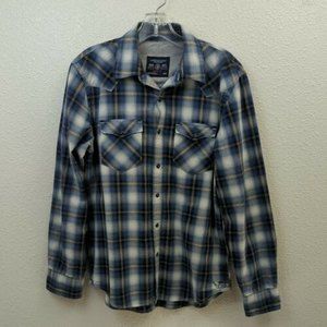 American Eagle Mens Blue Plaid Snap Button Up Shirt Vintage Fit Medium Casual